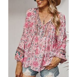 Women's Boho Pink Floral Tie-Neck Peasant Blouse